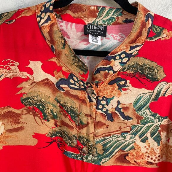 Citron Santa Monica Womens Plus 2X Mandarin Collar Asian Print Tunic Top Blosue - Picture 8 of 12